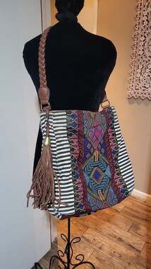 MMS Design Studio Aztec Embroidered Striped Boho Hobo Bag with Braided Strap